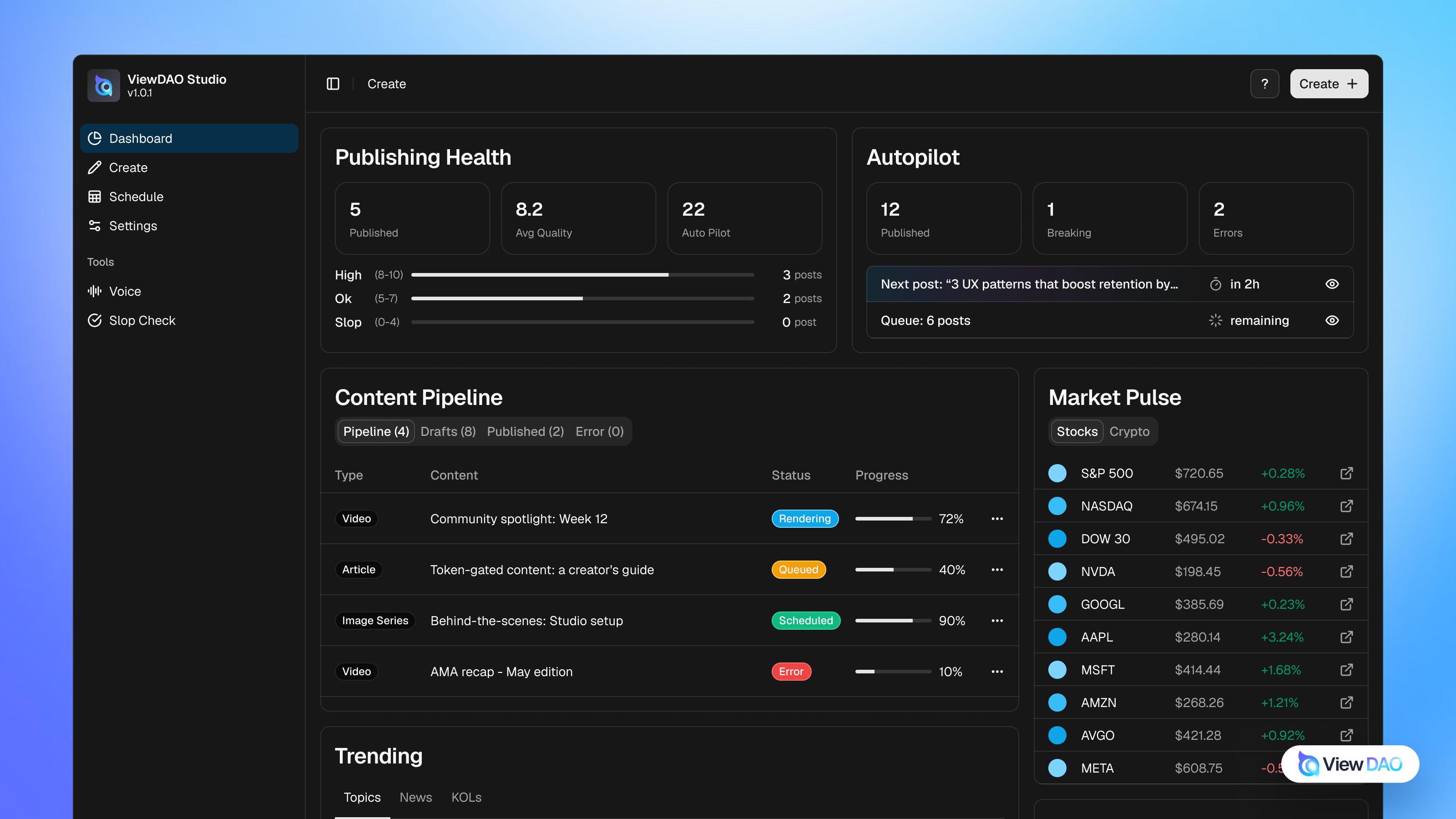 ViewDAO Studio dashboard screenshot