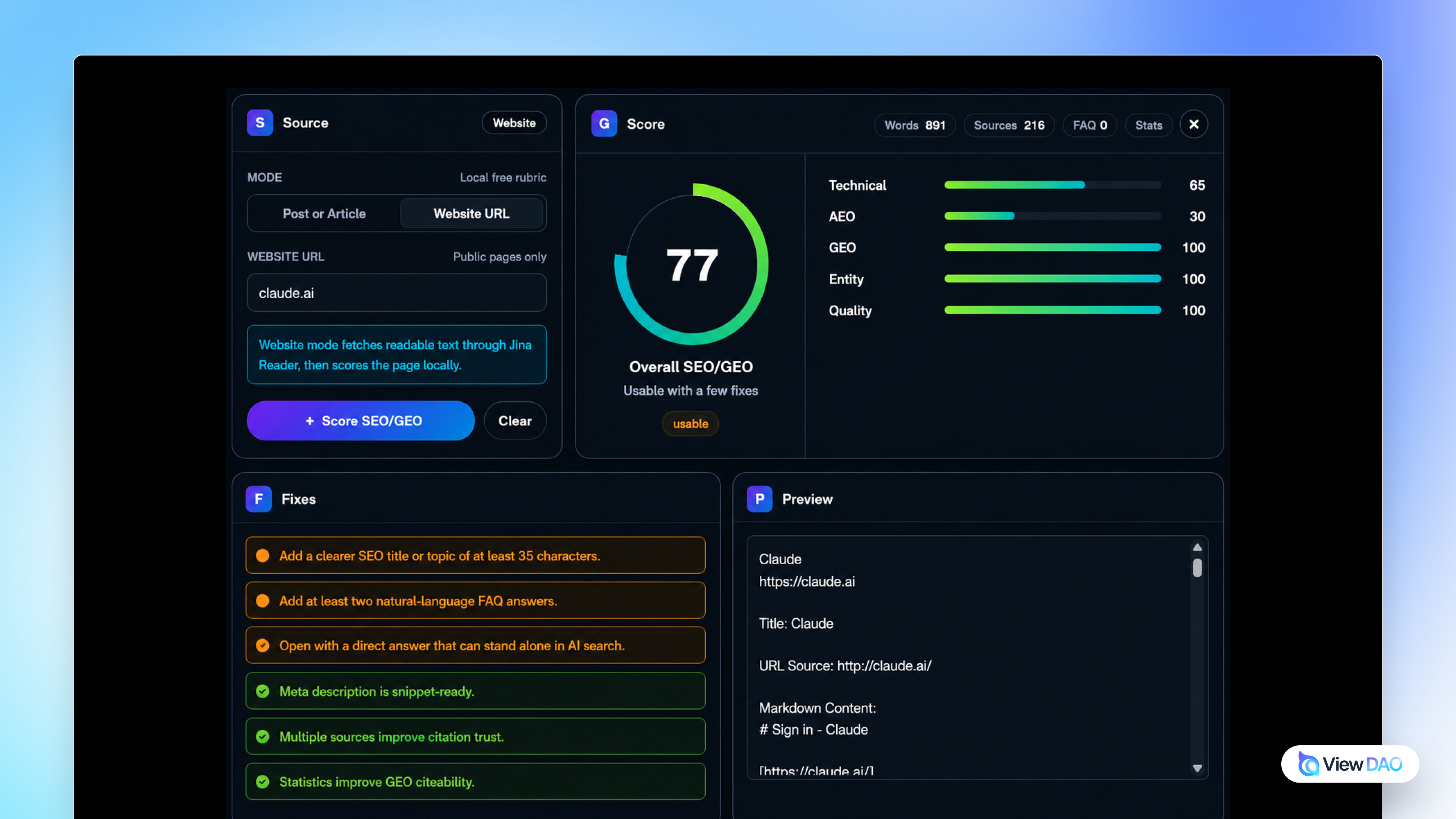 ViewDAO GEO scoring screenshot