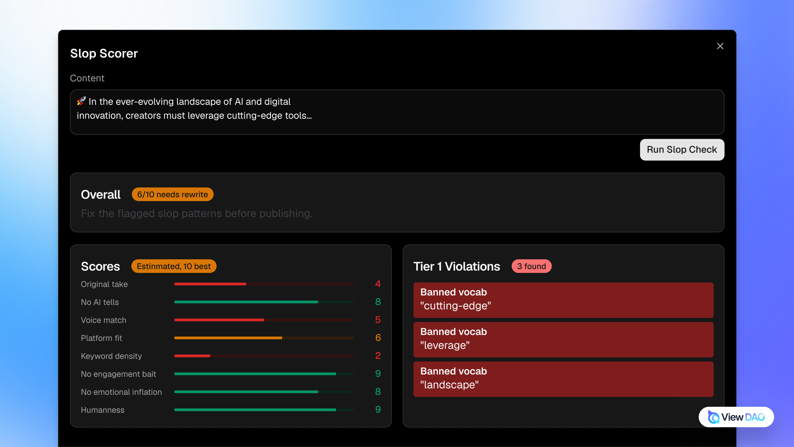ViewDAO Slop Check screenshot